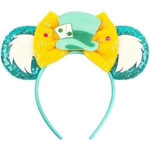 SET OF 2, Crazy Hat Ears Magic Headband Mad Hatter Costume Accessory Set for Men Women-Sparkle Sequins Hair Bands with Big Ears Cosplay(Green hat)