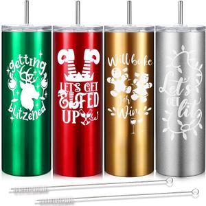 Maxdot 4 Pcs Christmas Tumbler with Lid and Straw Stainless Steel Christmas Cup Double-Insulated Water Travel Mug Vacuum Tumbler with Cleaning Brush Xmas Gift(Funny Style, Red/green/gold/silver)