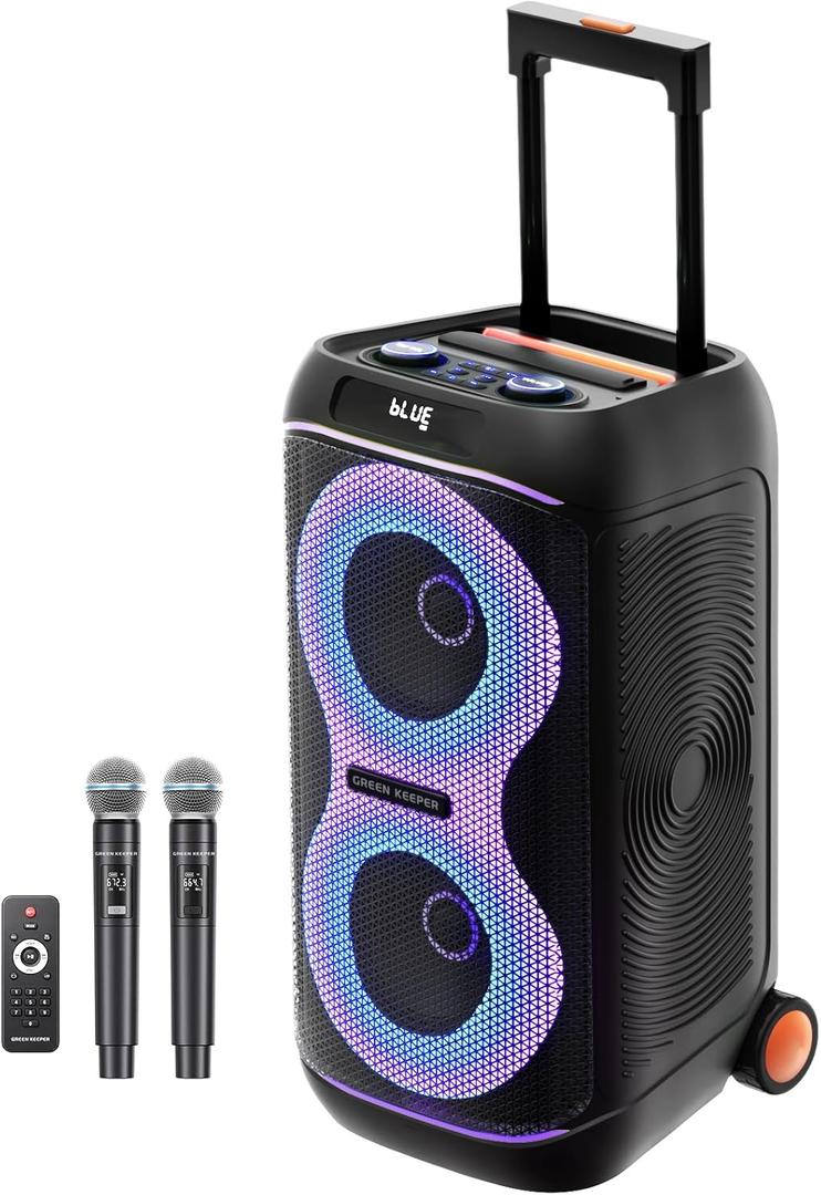 GKDT63 Karaoke Machine with 2 Rechargeable Wireless Microphones, 600W Portable Bluetooth PA Party Speaker with Wheels & Pull Handle, TWS Stereo, LED Lights,DSP Vocal Priority for Adult Outdoor Parties