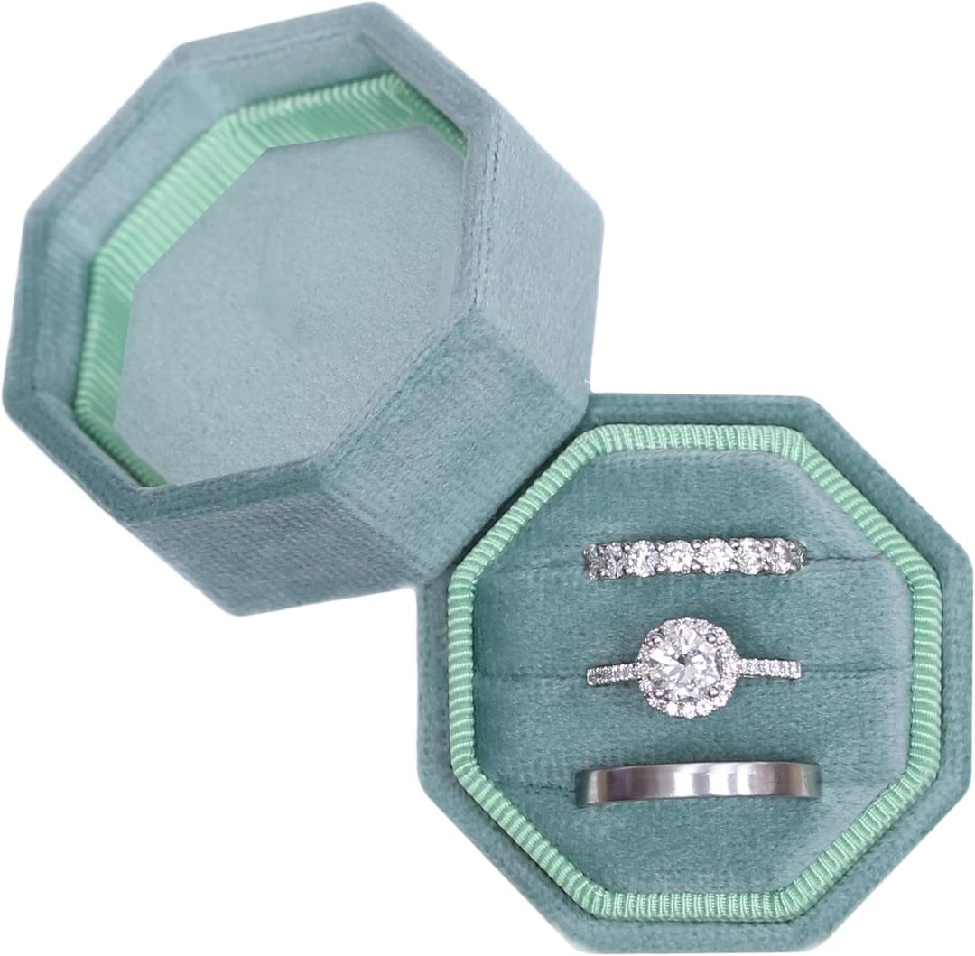 BLUTETE Velvet 3 Slots Jewelry Ring Box Engagement Wedding Box Keepsake Box Bridal Photo Ring Triple Slots Octagon (Emerald Green)