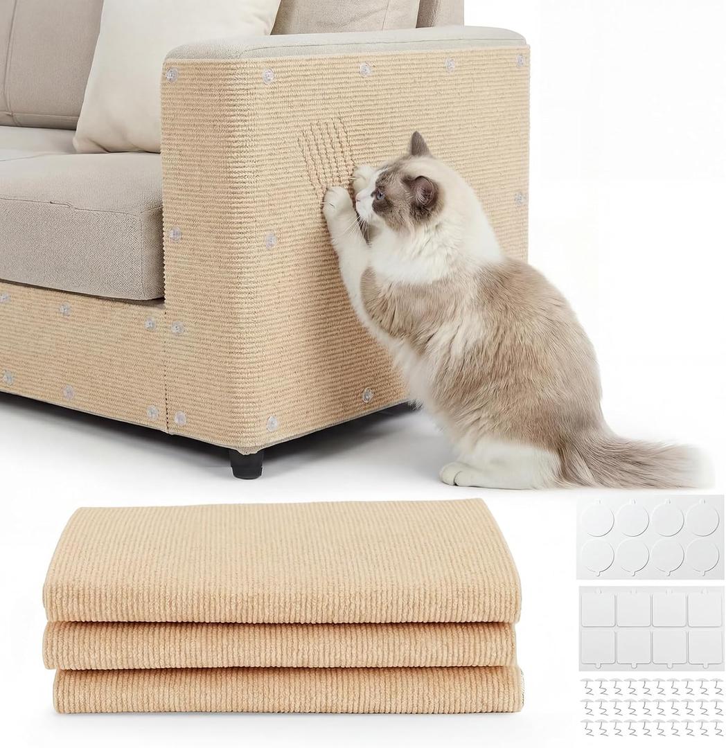 3 Pack Total 118.1"x15.8" Cat Scratch Couch Furniture Protector, Trimmable Super Self-Adhesive Anti Cat Scratching Pad, DIY Climb Cat Scratcher Mat Protector for Sofa and Covering Cat Tower (Khaki)