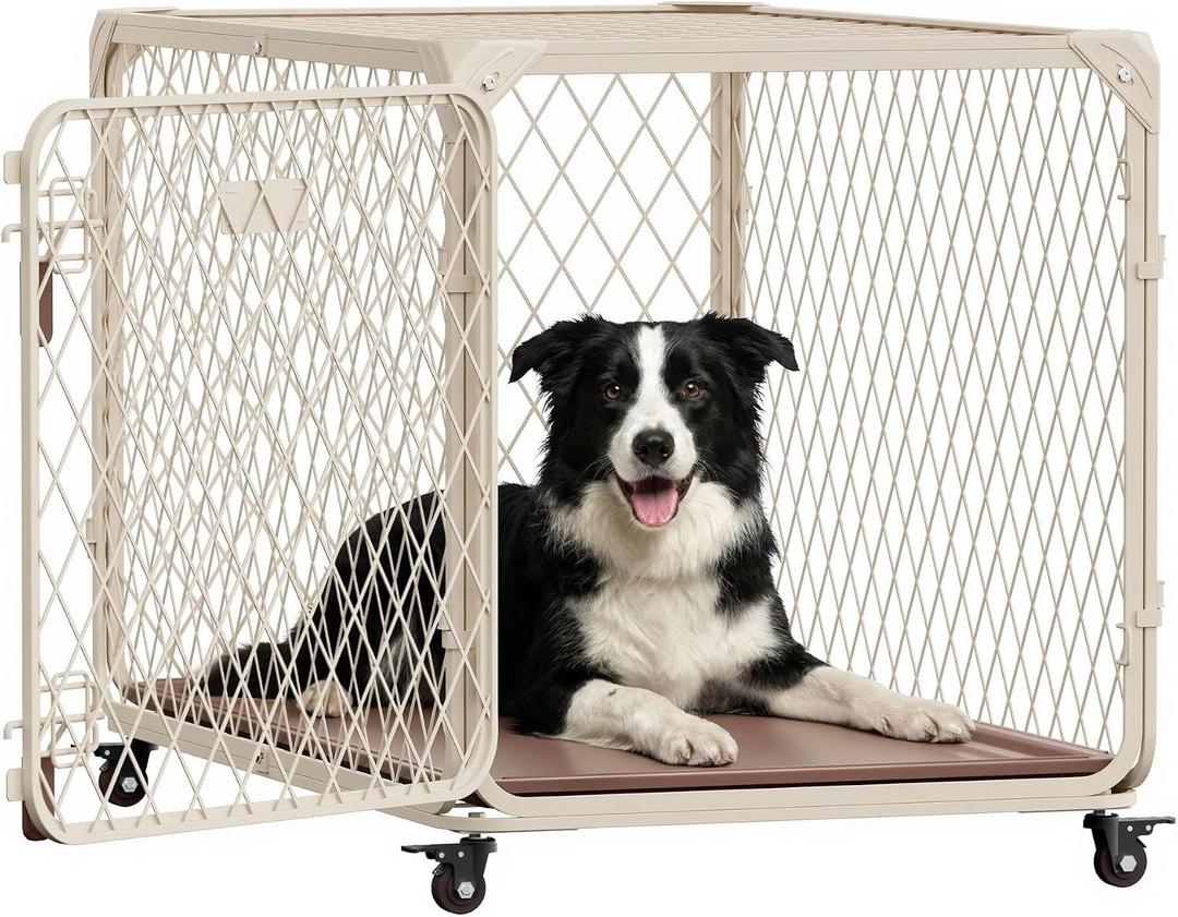 36 Inch Diamond Mesh Dog Crate for Medium Dogs, Durable Metal Dog Kennel Indoor with Lockable Wheels, Double Secure Latch Dog Cage with Removable Tray, Easy to Assemble, 100Lb Capacity, Beige