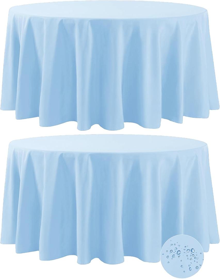 Fokitut 2 Pack Waterproof Round Tablecloth, 120 Inch, Stain Resistant and Wrinkle Polyester Table Cloth, Fabric Table Cover for Kitchen Dining, Wedding, Party, Holiday Dinner-Blue Mist