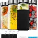 Glass Juice Bottles 12 oz-4 Pack Leak Proof Wide Mouth Water Bottle with Stainless Steel Lid & Sleeve - for Juicing, Smoothies, Infused Water, Beverage Storage, Eco-Friendly Borosilicate
