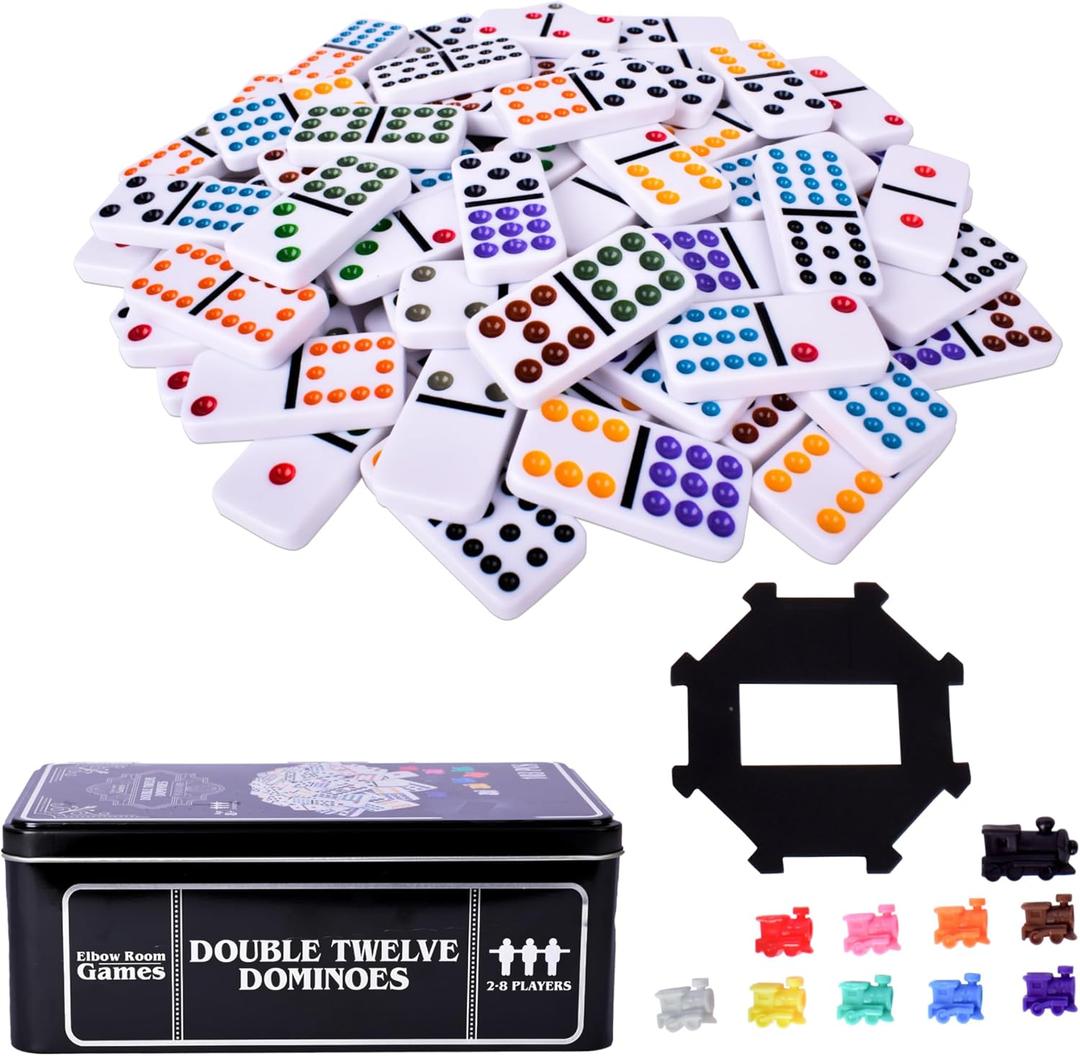 Sunny Days Entertainment Elbow Room Games Double Twelve Dominoes Set with 91 Dominoes, 10 Trains, Starter Piece, Storage Tin  Perfect for Mexican Train, Block, and Draw  for 2-8 Players