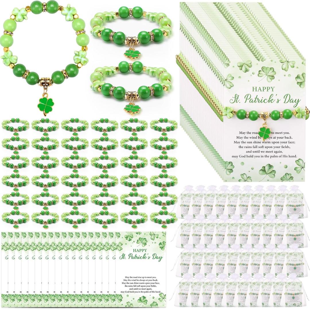 Landical 12/25/50 Sets St. Patrick's Day Bracelets Set Lucky Clover Adjustable Bracelet Green Beaded Stretch Bracelet with Good Luck Wish Cards Mesh Bags for Women Men Irish Party Favors