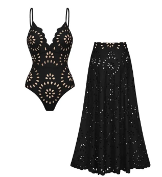 New Summer Women's Laser Cut Out Halter Sexy Hollow Out One Piece Swimsuit Skirt Set, Fashionable Pool Outfit Small