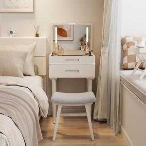 Solid Wood Small Vanity Desk with Flip Top Mirror, Brightness Adjustable Lights, Compact Vanity with Glass Top and Drawers, Slim Dressing Table for Small Space, Bedroom, Living Room, White