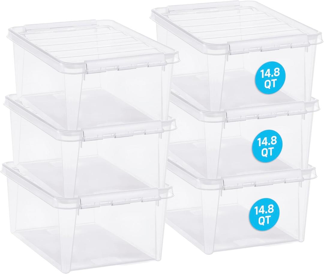 Classic 15 Clear Storage Box, 14L/14.8QT BPA-Free Stackable Container with Secure Lid, Swedish Made Storage for A4 Papers & Games (6)