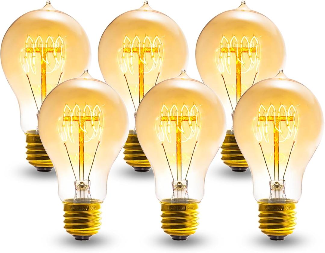 A19 Edison Light Bulb,E26 Incandescent Light Bulbs 60W Antique Vintage Bulb,2200K Dimmable Warm White 280 Lumens Amber Retro Decorative Old Fashioned Incandescent Bulb,Squirrel Cage 6 Pack