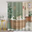 Japanese Funny Frog in Bathtub Shower Curtain Sets for Bathroom 60Wx72H Vintage Cute Animal Shower Curtain Retro Kwaii Rustic Green Polyester Bathtub Curtain Bathroom Decor with 12 Hooks