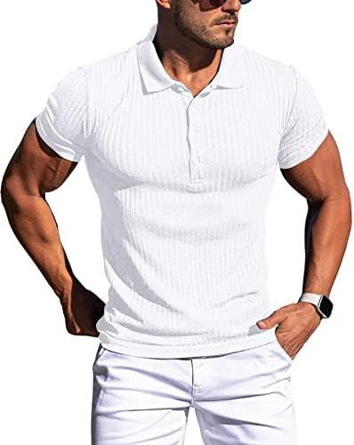 Collared Muscle Polo Shirts Men Slim Fit Textured Knit Polo Shirts Short Sleeve Button Down Shirts Casual Stylish (White, Medium)