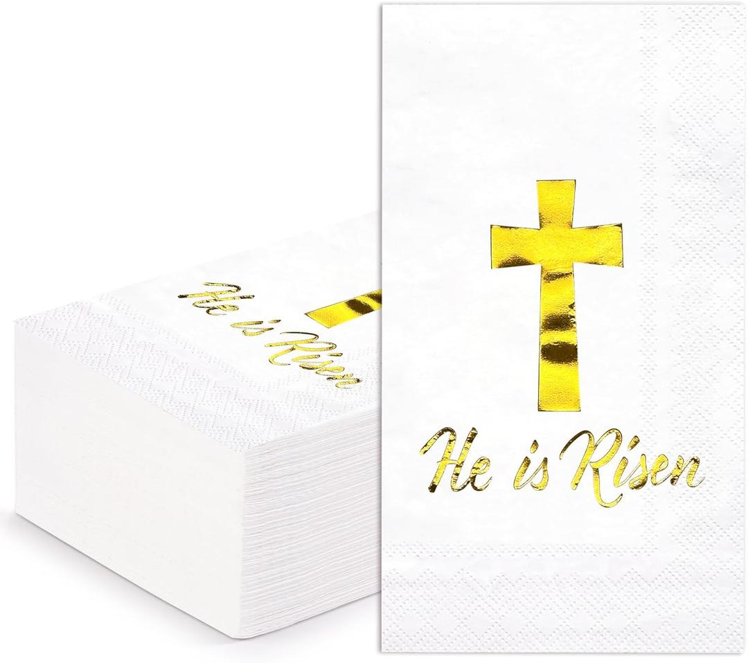 WRAPAHOLIC 50Pcs Easter Religious Paper Napkins - 3-Ply Gold Foil Risen Guest Disposable Hand Towels for Bathroom, Spring, Christening and Baby Shower - 4.3 x 7.9 In