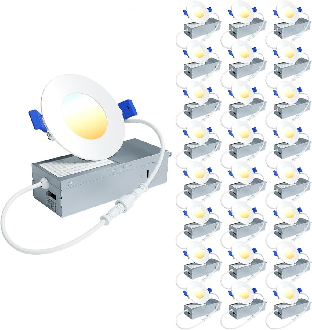 Ensenior 24 Pack 3 Inch LED Recessed Ceiling Light, Dimmable, 2700K-5000K 5CCT, 500LM 6W 120V, High Brightness Dimmable Canless Wafer Downlight - ETL&FCC&IC