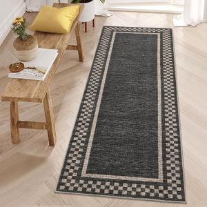 GarveeHome Runner Rug 2x6 For Kitchen Non Slip Washable Hallway Runner Rugs Modern Bordered Bathroom Throw Mat Soft Non Shedding Checkered Runners Geometric Area Rug for Bedside Living Room, Black