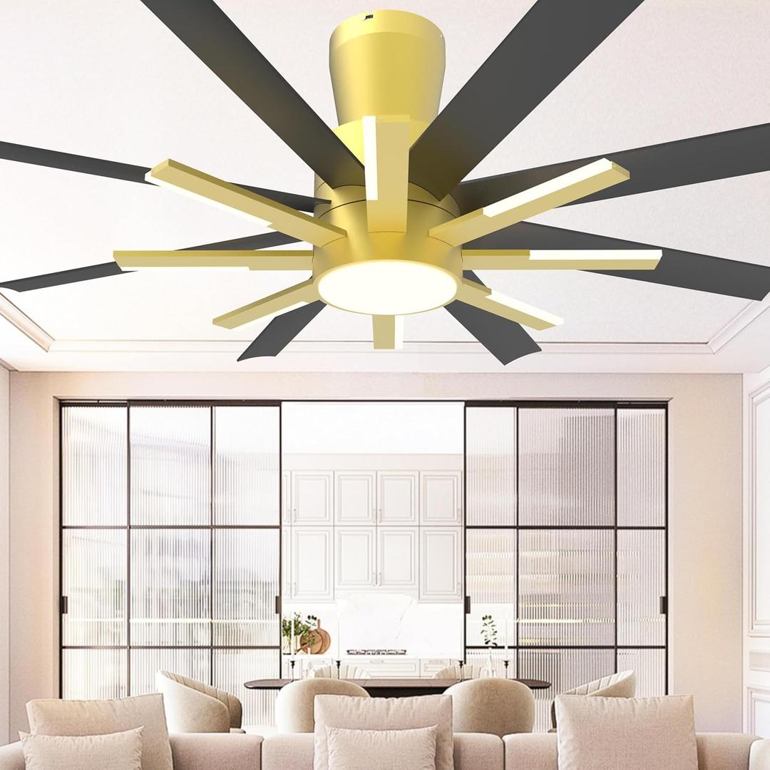 60 inch Flush Mount Ceiling Fans with Lights and Remote, Low Profile Ceiling Fan with Light for Living Room Bedoom6 Speed Reversible8 Blades and 9 Lights3 CCTBlack Gold