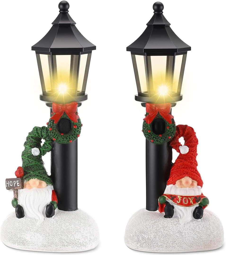 2 Pcs Christmas Gnome Decorations 10" Resin Christmas Lighted Gnomes Figurines Table Decor Xmas Battery Operated Mini Street Statue for Home Fireplace Shelf
