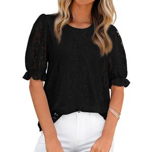 KIRUNDO Lace Tops for Women Trendy 2026 Eyelet Floral Summer Clothes Short Puff Sleeve Spring Blouse Cruise Vacation Outfits (Black, L)