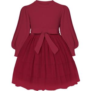 Toddler Girl Tutu Dress 4T 5T Burgundy Red Tulle Birthday Party Dresses Long Sleeves Flower Girls Princess Christmas Cotton Clothes Size 5T