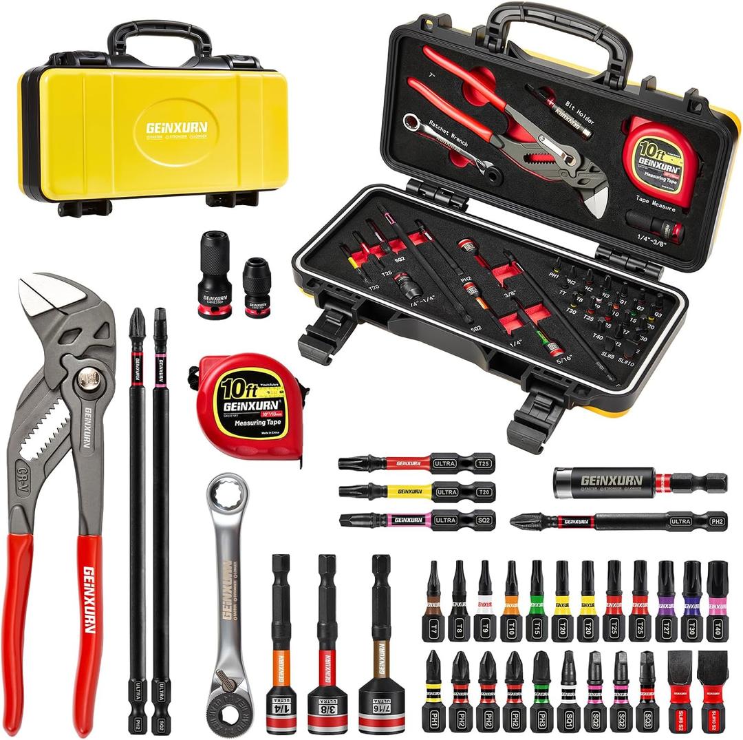38Pcs Tools Set Packaged with Heavy-duty Tool Box, Include Screwdriver Bits, Nut Driver, Mini Ratchet Wrech, Quick change adapter,Tape Measure,Pliers Wrench and Bit Holder for Home Repairs