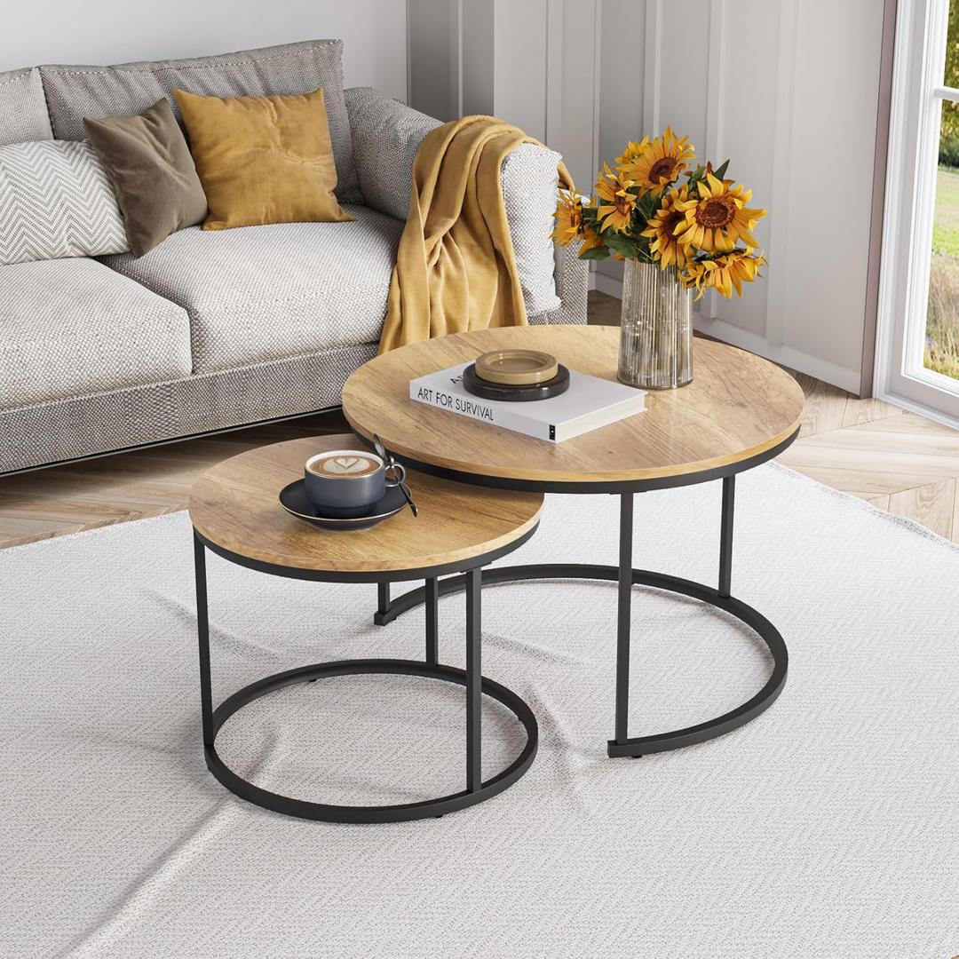 Smuxee Nesting Coffee Table Set of 2, 27.6" Round Coffee Table Wood Grain Top with Adjustable Non-Slip Feet, Industrial End Table Side Tables for Living Room Bedroom Balcony Yard (27.6"W, Brown)