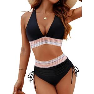 2 Pieces Bikini Suit Woven Strap Splicing Swim Set Deep V Backless Sexy Swimwear Heigh Waist Shorts Split Swimsuit (L)