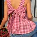 WDIRARA Women's Square Neck Tie Back Tank Top Plaid Peplum Babydoll Tops (Red)large