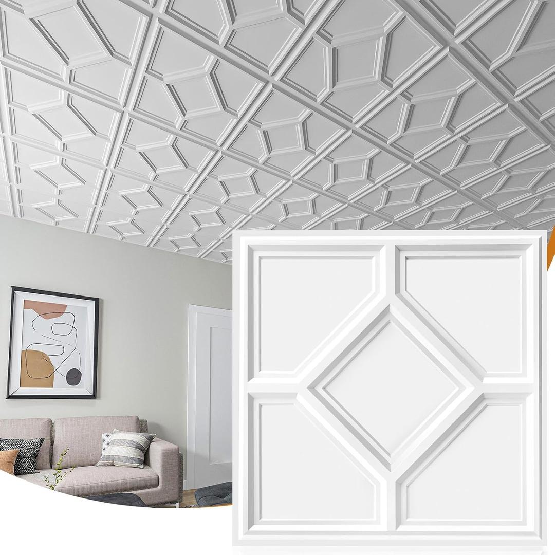 WOWSTAR 12-Pack 24"x24" Drop Ceiling Tiles, 3D Decorative Glue Up Ceiling Tiles, White