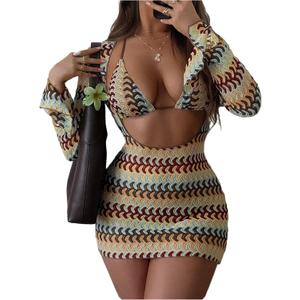 SHENHE Women's 3 Piece Striped Swimsuits Crochet Triangle String Bikini Set with Cover Up Dress (M)