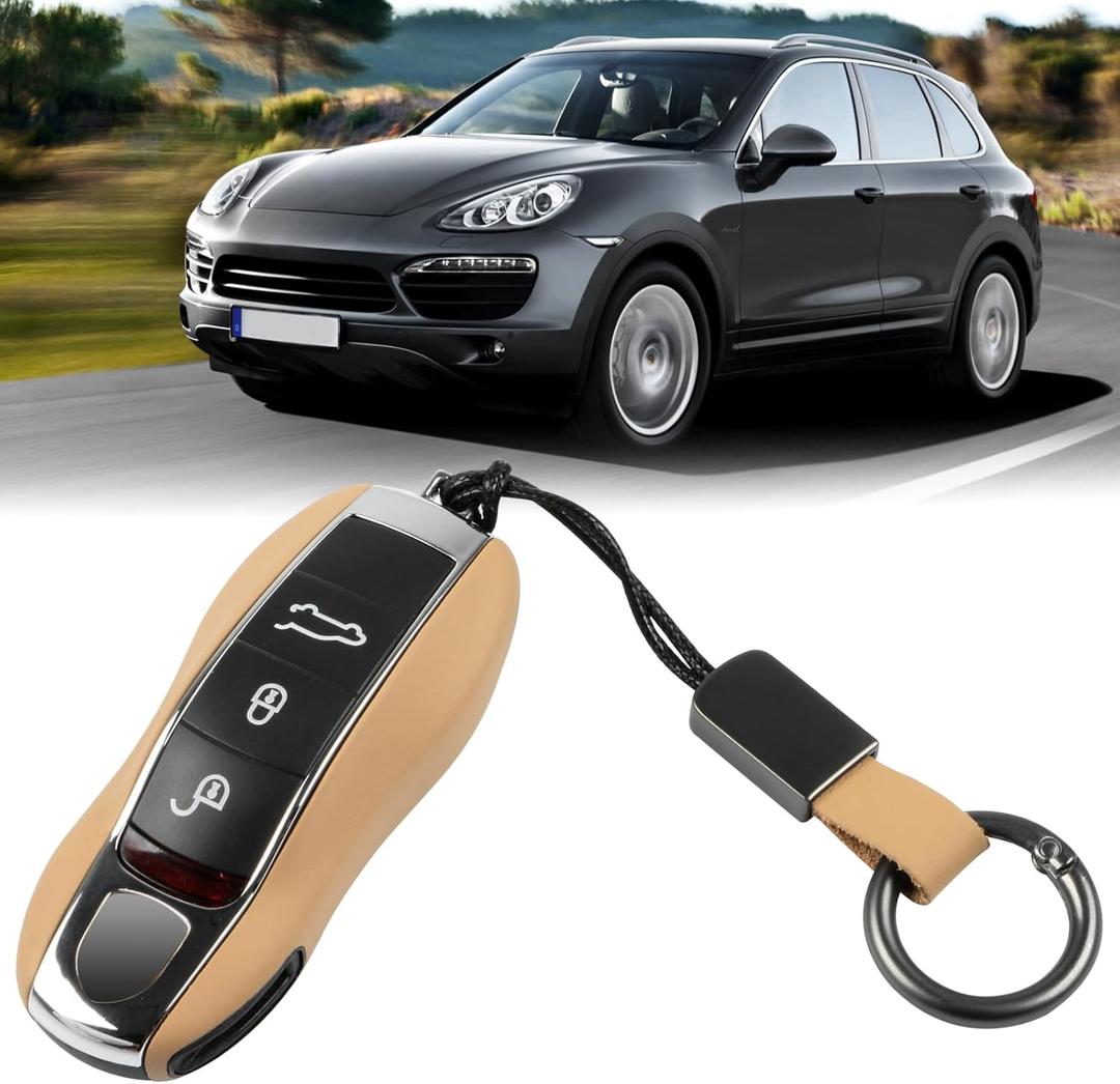 Jaronx Compatible with Porsche Key Fob Cover,Leather Key Cover Compatible with Porsche Cayenne Panamera Macan Cayman 911 KeyFob KeyShell Accessories(A Model-Beige)
