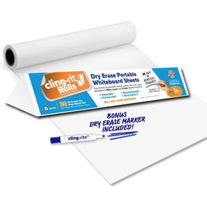 Clingers Dry Erase Cling-rite Roll Basic - Removable, Recyclable Whiteboard, 50' ft Roll, 20x30 Inch Sheets for School, Home, Office Decor, and Art Projects & Dry Erase Marker - American Made