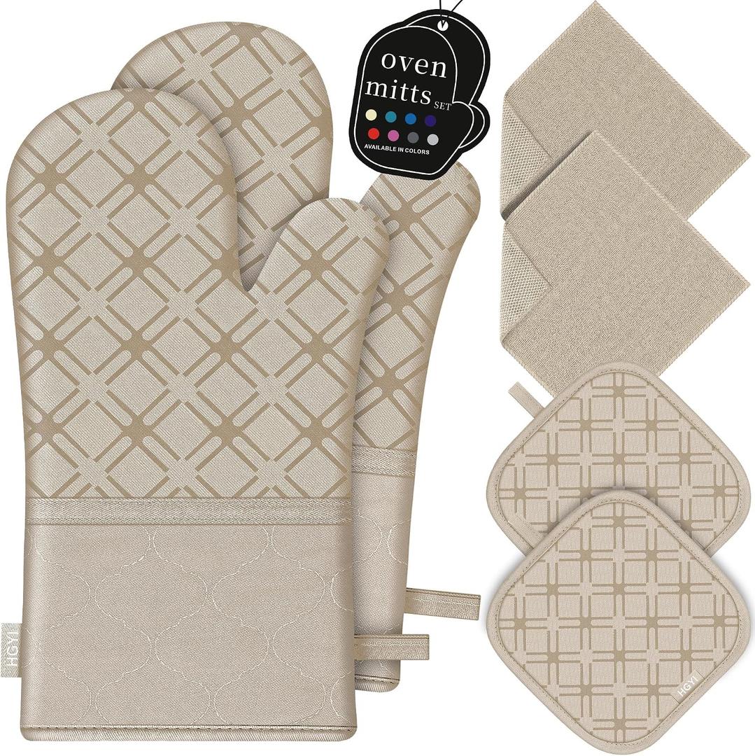 Oven Mitts and Pot Holders Set with Dishcloths, 500 Degree Heat Resistant Oven Gloves and Hot Pads, Premium Soft Cotton Kitchen Mittens and Dish Cloth Sets-Beige