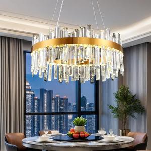 Gold K9 Crystal Chandelier,23.6 inch Modern Kitchen and Dining Light Fixture 2-Tiers Round Raindrop Chandeliers Adjustable Flush Mount Pendant Ceiling Light Fixture for Living Room Foyer Entryway