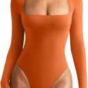REORIA Women's Basic Lightweight Layering Sexy Slim Square Neck Long Sleeve Bodysuit Tops, Small