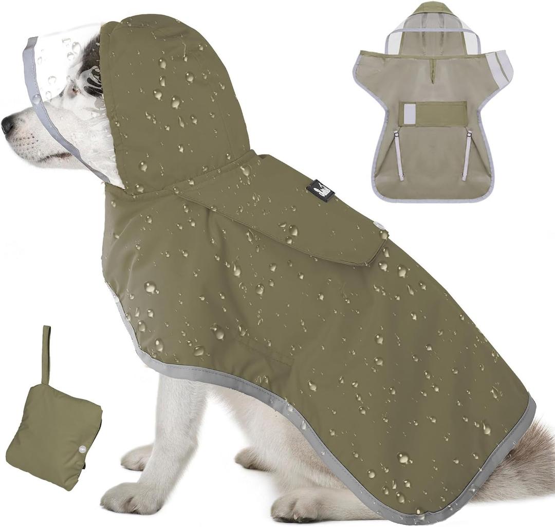 Lukovee Dog Raincoat - Lightweight Hooded Dog Rain Coat for Large Medium Small Dogs, Adjustable Poncho Jacket with Reflective Stripes & Built-in Storage Pocket (Green, Medium)