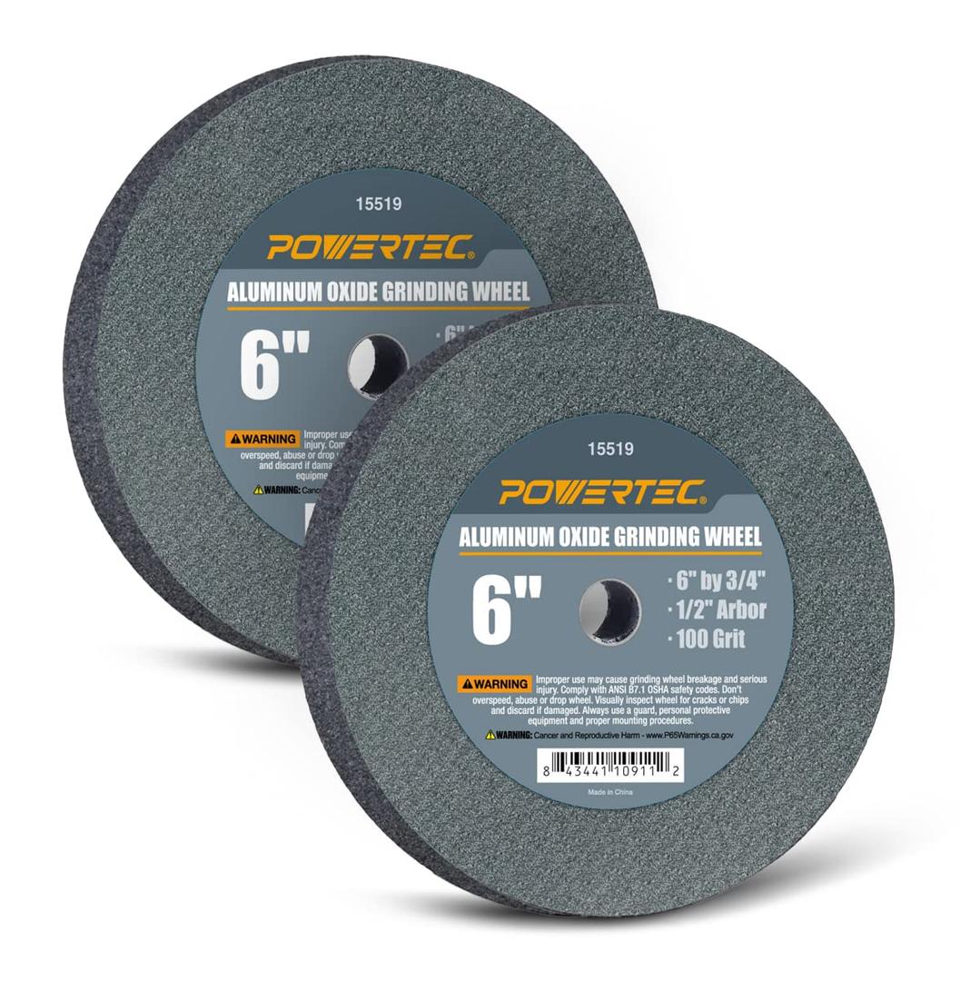 POWERTEC Bench Grinder Wheel 6 Inch 100 Grit, Aluminum Oxide Grinding Wheel for Bench Pedestal Grinder, 3/4" Thick 1/2" Arbor, Sharpening & Shaping Drill Bits, Blade, and Chisel 2PK (15519-P2)