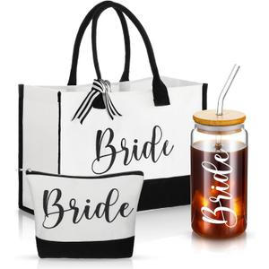 Zubebe 3 Pcs Bride Gifts Set for Bridal Shower Include Glass Cup Canvas Tote Bag Makeup Bag for Honeymoon Gift(Bride)