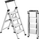 XinSunho 4 Step Ladder, Retractable Handgrip Folding Step Stool with Anti-Slip Wide Pedal, Aluminum Stool Ladders 4 Steps, 330lbs Safety Household Ladder (Silver)