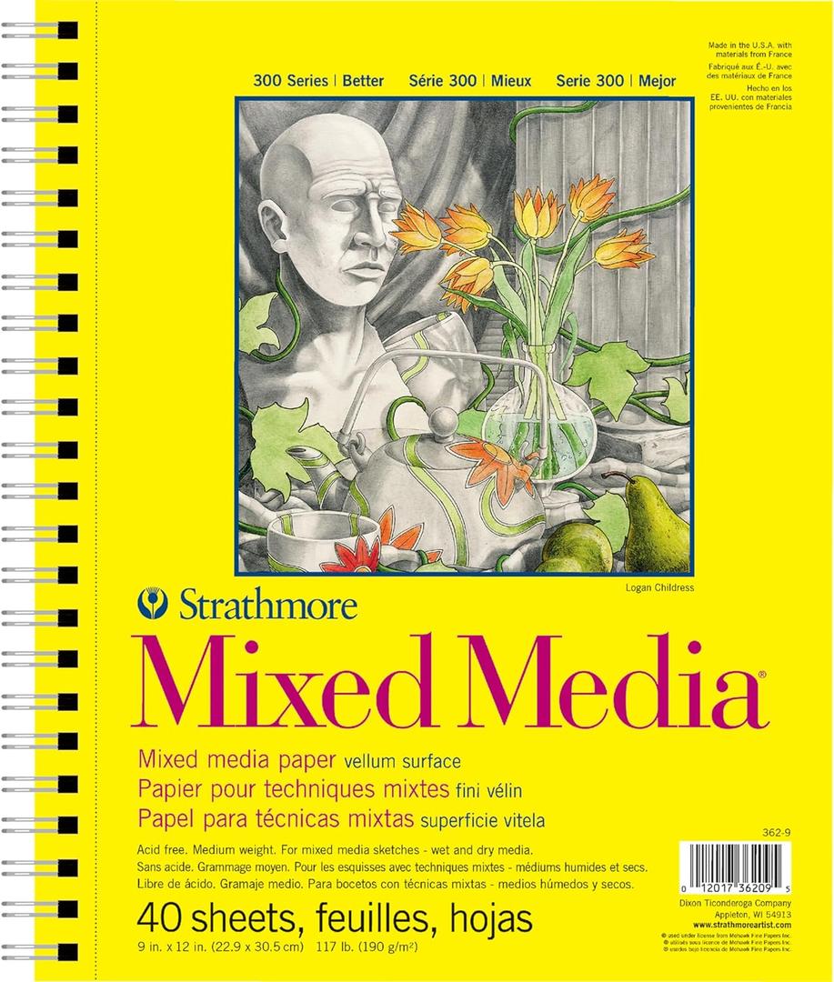 Strathmore 300 Series Mixed Media Paper Pad, Side Wire Bound, 9x12 inches, 40 Sheets (117lb/190g) - Artist Paper for Adults and Students - Watercolor, Gouache, Graphite, Ink, Pencil, Marker (12L" x 9W")
