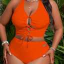 SOLY HUX Womens Plus Size Two Piece Bathing Suit Bikini Swimsuit | Tummy Control, High Waisted Bikini Sets, Adjustable Tie String, Sexy (Orange, XXL)