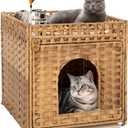 Handwoven Rattan Cat Litter Box Enclosure Furniture - Hidden Cabinet with Odor-Control Mat, Anti-Spill Fence & Secure S-Hooks for Living Room/Bedroom, 18.2"x18.2"x24.5" (Natural)