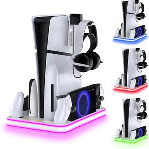 Charger Dock Compatible with PS Portal and PS5, PS5 Stand and Cooling Station with RGB LED Charging Dock, Edge Controller and Headset and Remote Holders - White