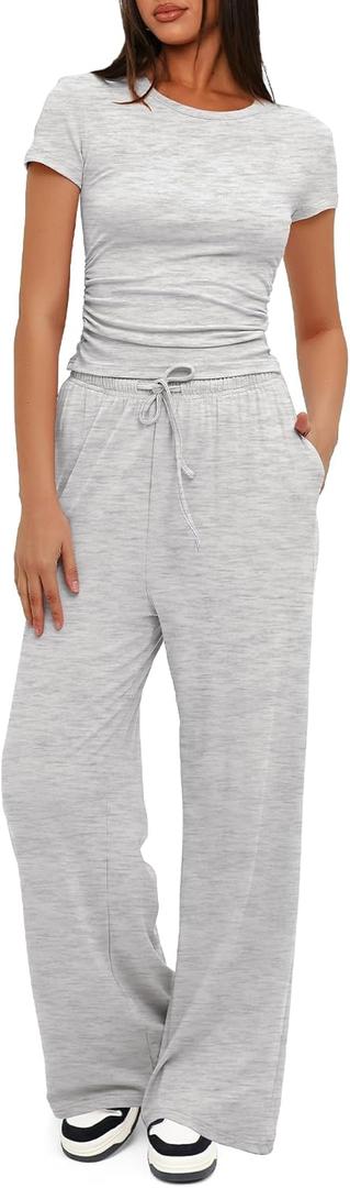 Darong Women's 2 Piece Outfits Lounge Sets Ruched Short Sleeve Tops High Waisted Wide Leg Pants Tracksuit Sets (Medium)