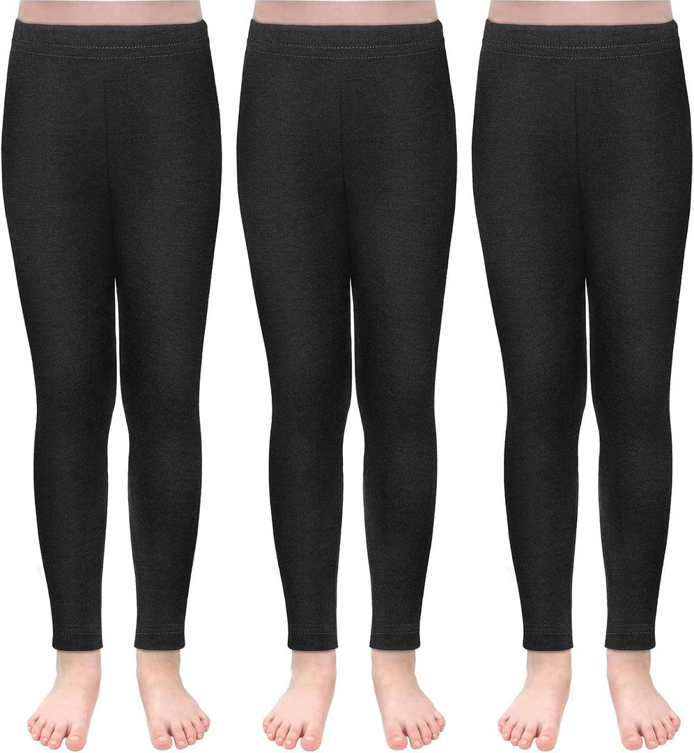 TODDOR 3 Pack Girls Winter Fleece Lined Leggings Stretchy Solid Velvet Pants Warm and Soft Tights for Kids (6-7 Years, Black)