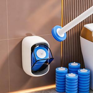 Disposable Toilet Brush with 35 Refill Pads, Auto-Open, Water-Activated Cleaning Heads, Wall-Mounted Toilet Kit for Bathroom & Tub