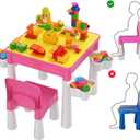 burgkidz Pink Kids 5-in-1 Flip Top Activity Table and Chair Set with Storage, 128 PCs Building Blocks, Dreamy Play Desk for Toddler Girls Ages 2-8, Gift for Birthday & Christmas
