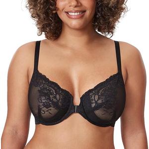 DELIMIRA Women's Front Closure Lace Underwire Sheer Bras Plus Size Full Coverage Sexy Plunge Unlined Bra, 38D