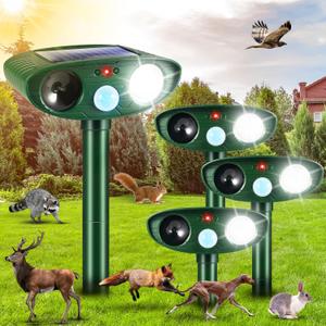 4 Pack Solar Ultrasonic Animal Repeller Outdoor Sonic Fortress Pro Deer Repellent Animal Repellent with Motion Detection Flash Light for Cat Racoon Squirrel Dog Rodent Rabbit Deterrent for Garden Yard