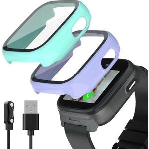 SimpleThings Compatible with Cosmo JrTrack 5 Screen Protector, Hard PC Case with HD Clear Tempered Glass Screen Protector for Cosmo JrTrack 5 Watch for Kids Boys Girls (Teal+Purple)