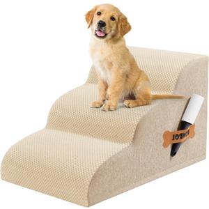 Romrol Dog Stairs Ramp for High Beds Couches, High Density Foam Pet Steps with Durable Non-Slip Waterproof Fabric Cover, Dog Stairs for Small Dogs or Cats or Pets, 3-Step,15 Inch,Beige